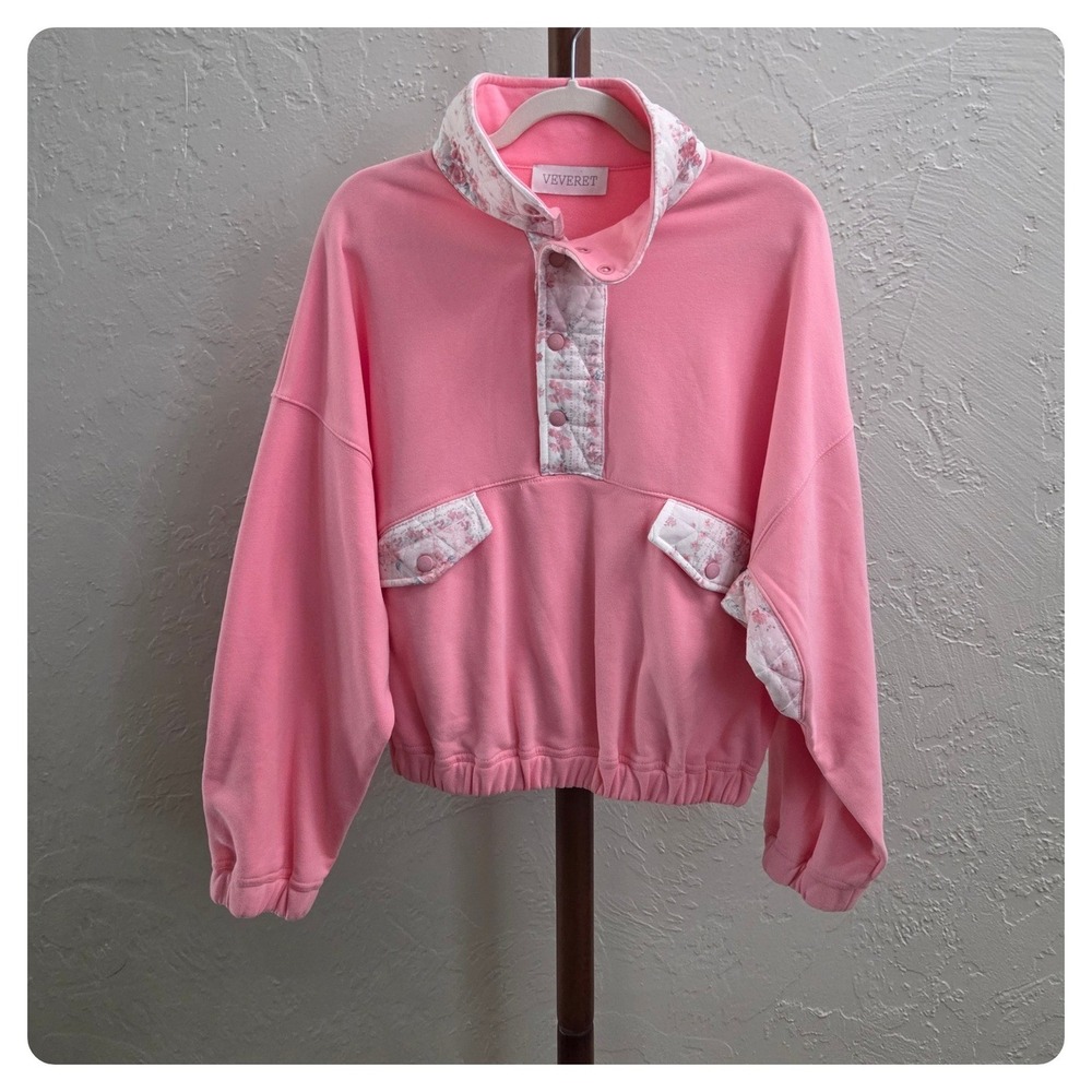 T97. Pink Quilted Floral Contrast Snap Pullover Sweatshirt‎